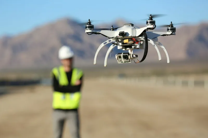 Drone em voo durante levantamento aéreo de propriedade rural, com operador ao fundo